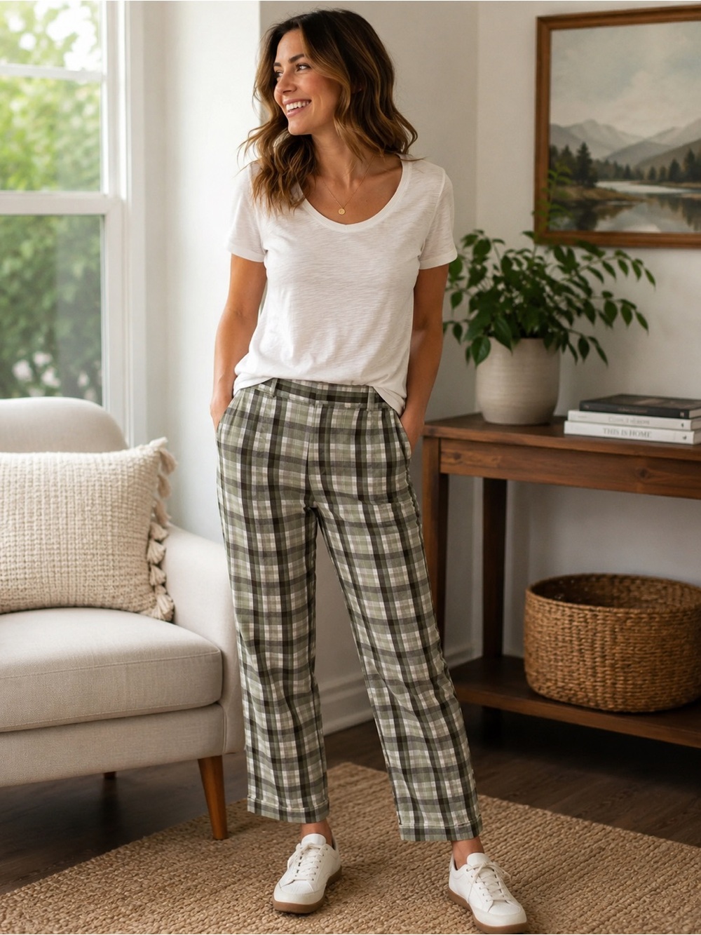 Eddie Bauer Plaid Cropped Pants Women’s 12 Green Cotton Stretch Ankle